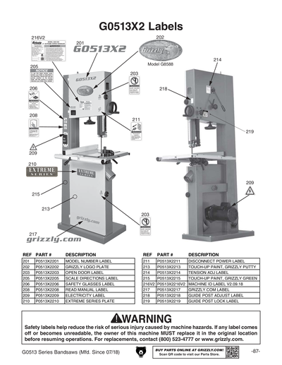 Part Diagram for G0513X2F