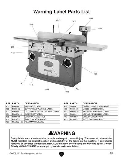 Parts for G0609 12