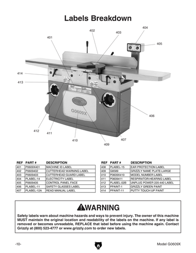 Parts for G0609X 12