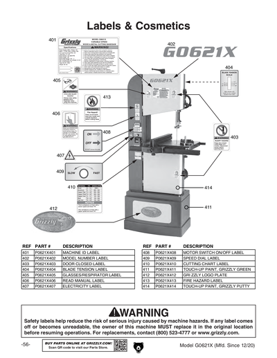 Part Diagram for G0621X