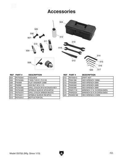 Parts for G0755 10
