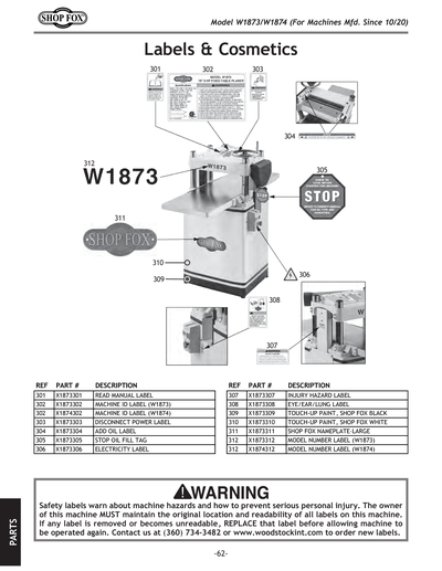 Parts for W1873 15'' 3 HP Fixed-Table Planer - Grizzly Industrial