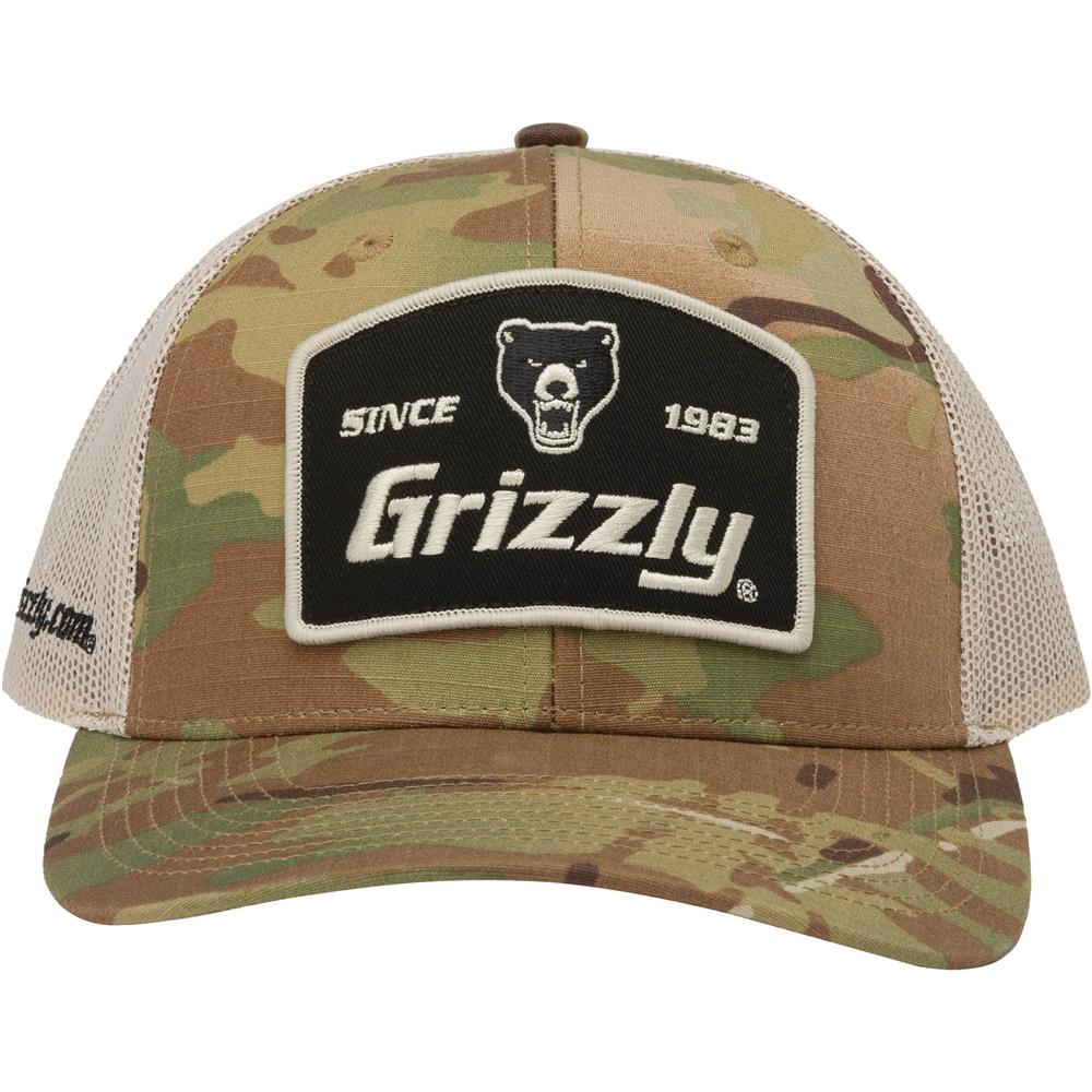 grizzly tobacco hat T33966 Multi-Camo Subtly accented with a black metal plate and then riveted to a 6 panel trucker hat grizzly tobacco hats American Hat
